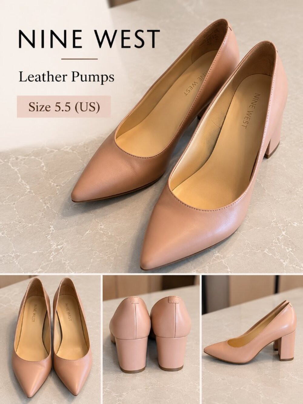 Nine West Nude Pointed-Toe Pumps with Block Heel – Size 5.5